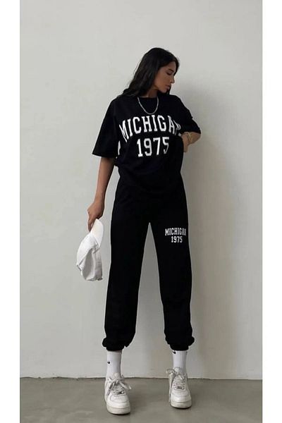 CLAYES Μίσιγκαν 1975 T-shirt Φούτερ Jogger- Μαύρη στάμπα στο κάτω μέρος Σετ φόρμας Oversize Cycling Yak