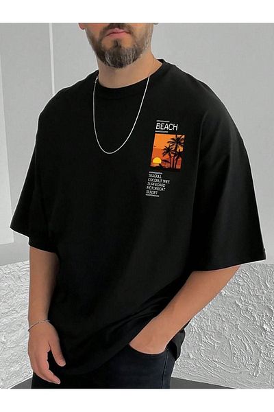 VBSVİBES Unisex Black Oversize Beach Logo Printed Knitted T-shirt