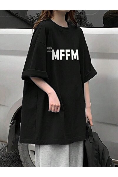 VBSVİBES Unisex Μαύρο Oversize MFFM εμπριμέ πλεκτό μπλουζάκι