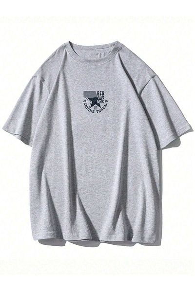 DUBU BUTİK Μπλουζάκι Genuine Threads Oversize Grey Printed - Μπλουζάκι με κοντό μανίκι με άνετη εφαρμογή