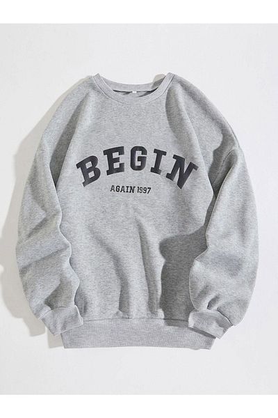 VBSVİBES Φούτερ Unisex Grey Oversize Begin με στάμπα με λαιμόκοψη