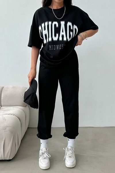 CLAYES Σετ φόρμας Chicago Printed Black Jogger - Oversize Crew Neck