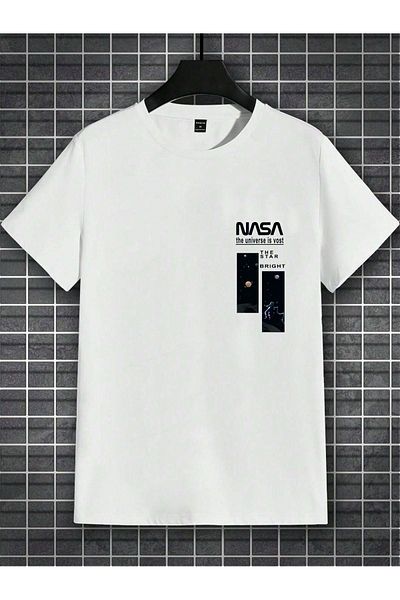 CLAYES Tricou alb cu imprimeu Nasa supradimensionat - Tricou cu mânecă scurtă cu decolteu triplu supradimensionat cu imprimare confortabilă
