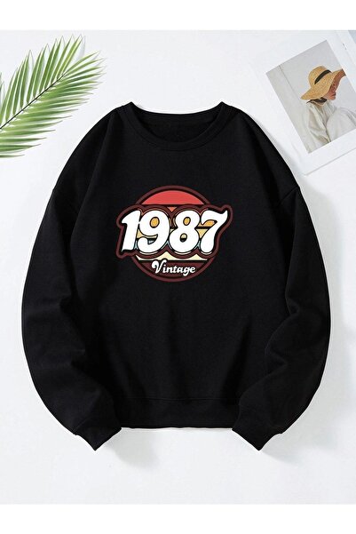 VBSVİBES Unisex Oversize Black 1987 Vintage Printed Crew Neck Sweatshirt