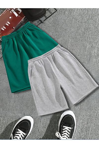 DUBU BUTİK 2-Piece Solid Color Combed Cotton Shorts - Green Gray Unprinted Short Without Cord