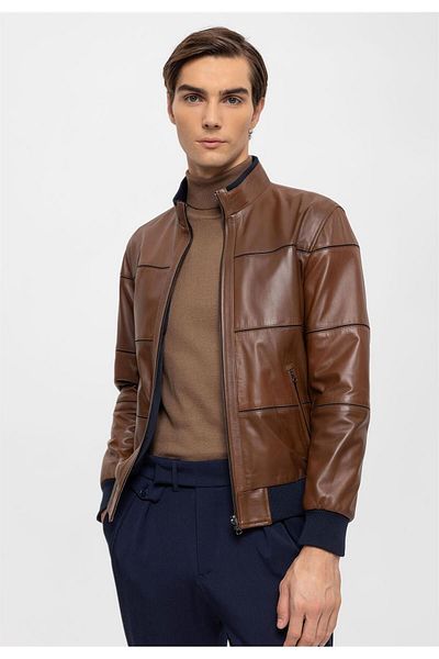 Deriderim Tan Martin Double Sided Brown Fabric Zippered Collar Sleeve and Waist Knitwear Men's Genuine Leather Coat