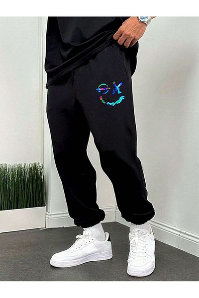 Sweetline Colorful Face Sweatpants Jogger - Μαύρο εμπριμέ λαστιχένιο πόδι ψηλόμεσο