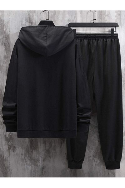DUBU BUTİK Σετ φόρμας Vip Φούτερ Jogger - Μαύρο εμπριμέ Oversize Hooded