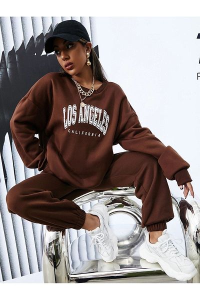 CLAYES Σετ φόρμας Los Angeles Sweatshirt Jogger - Καφέ στάμπα Oversize Crew Neck