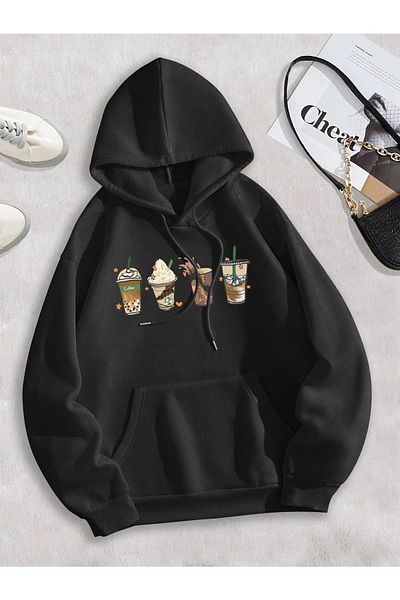 CLAYES Coffee Sweatshirt - Black Printed Oversize Hoodie