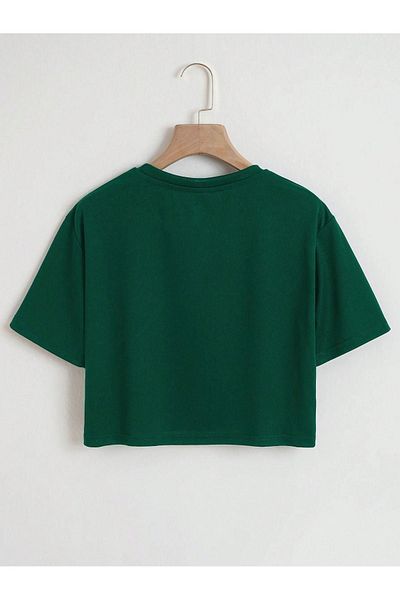 DUBU BUTİK Los Angeles 23 Crop - Nefti Green Printed Oversize Crew Neck