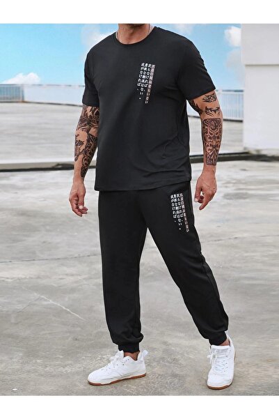 CLAYES Chinese T-shirt Sweatpants Jogger- Black Printed Bottom Top Sweat Suit Oversize Crew Neck