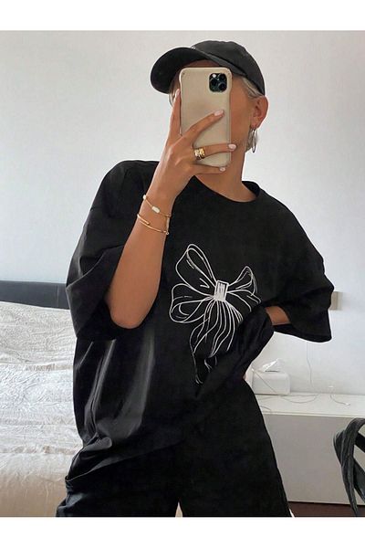 DUBU BUTİK Κορδέλες Μονό Ζέρσεϊ Μαύρο T-Shirt - Oversize Crew Neck, Κοντό μανίκι εμπριμέ