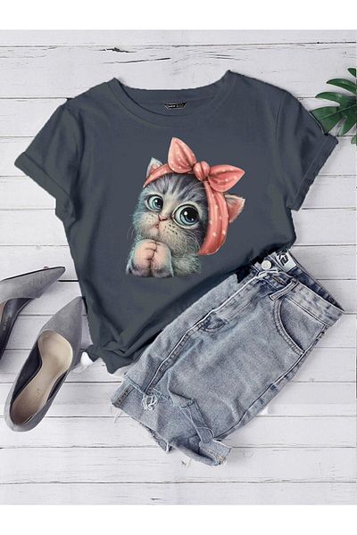 DUBU BUTİK Oversize Smoked Cute Little Cat Tričko s potiskem Unisex Pohodlný střih