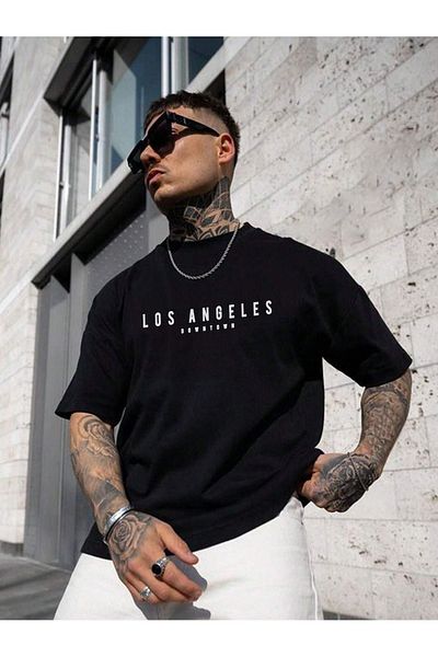 DUBU BUTİK Μπλουζάκι με μονό ζέρσεϊ Los Angeles Downtown - Μπλουζάκι με κοντό μανίκι με μαύρη στάμπα υπερμεγέθη με λαιμόκοψη