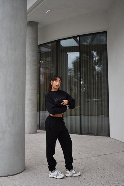 CLAYES Tracksuit Set Sweatshirt Jogger - Black Printed Oversize Raised Crew Neck