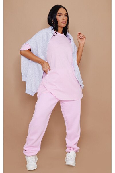 DUBU BUTİK Plain Single Jersey T-Shirt - Pink Oversize Crew Neck Short Sleeve T-Shirt