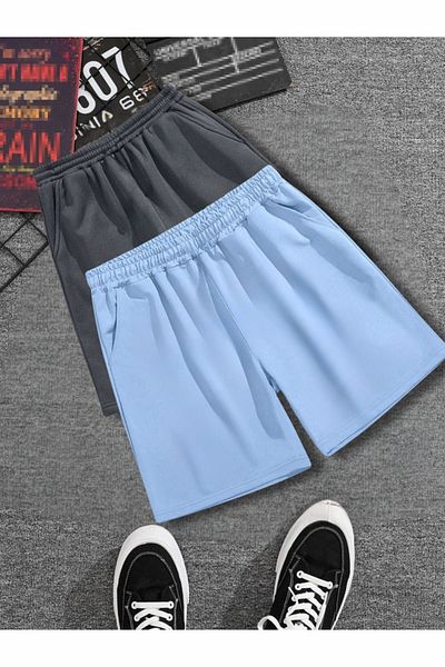 DUBU BUTİK 2-Piece Solid Color Combed Cotton Shorts - Smoked Baby Blue Unprinted Short Uncorded