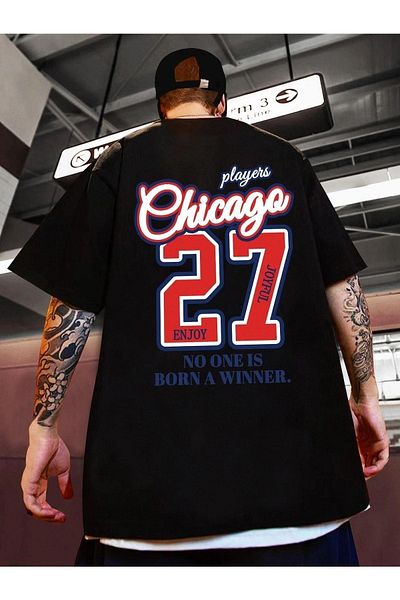 VBSVİBES Unisex Black Oversize 27 Chicago Printed Knitted T-shirt