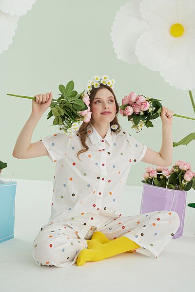 NBB White Floral Front Buttoned Pajama Set