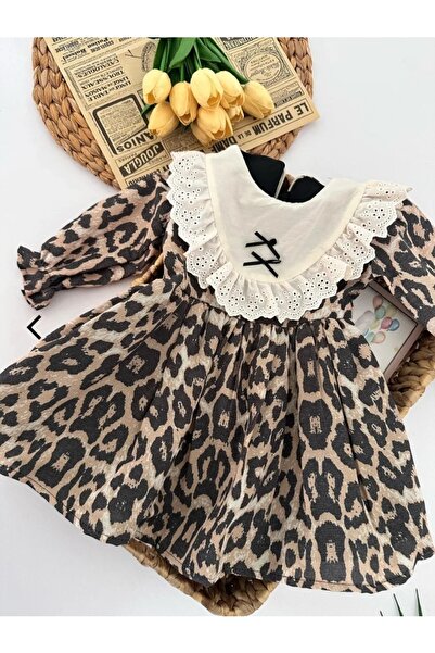 1babykids Kız Çocuk Leoparlı Önü Fiyonk Detaylı Elbise