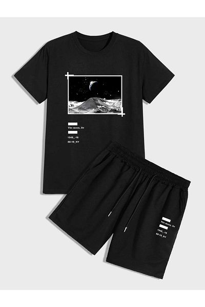 CLAYES Moon T-shirt Shorts - Black Bottom Top Combination Shorts T-shirt Set Printed Oversize Crew Neck