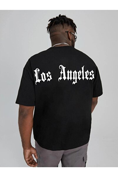 VBSVİBES تي شيرت محبوك مطبوع عليه لوس أنجلوس مقاس كبير باللون الأسود للرجال