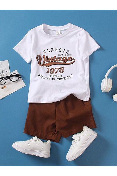 DUBU BUTİK Vintage Cotton Kids Set - White T-shirt and Coffee Shorts - Crew Neck