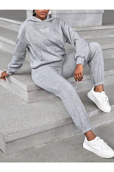 CLAYES Sada teplákových souprav Double Butterfly Mikina Jogger - oversize s kapucí s šedým potiskem