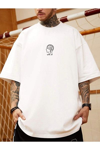 VBSVİBES Use It Brain Printed Unisex Λευκό πλεκτό μπλουζάκι Oversize