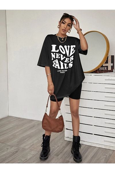 CLAYES Love Neverfails Printed Black Oversize T-Shirt - Crew Neck, Short Sleeve