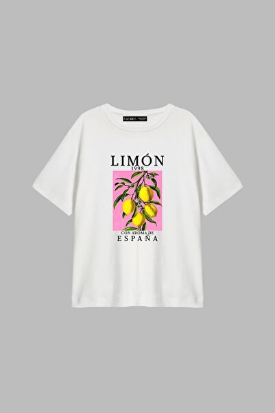 CİNEMA MODA Tricou alb pentru femei, cu imprimeu Lemon Relaxed Fit