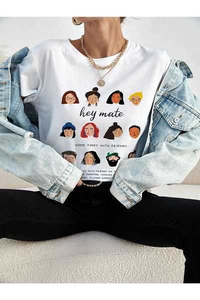 VBSVİBES Women's White Oversize Hey Mate Printed T-shirt