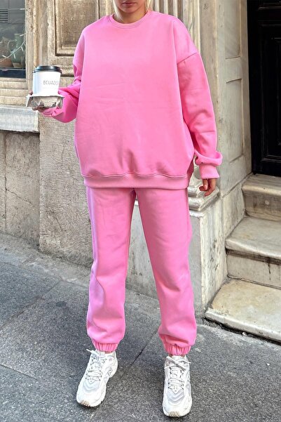 CLAYES Basic 100% βαμβακερό σετ αθλητικής φόρμας - Ροζ χειμωνιάτικο εσωτερικό Fleece Raised Rubber Leg Crew Neck