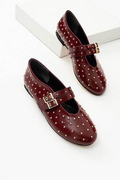 diclepolat Belinda Burgundy Patterned Patent Leather Troc Detailed Flat Sole Women's Ballerinas