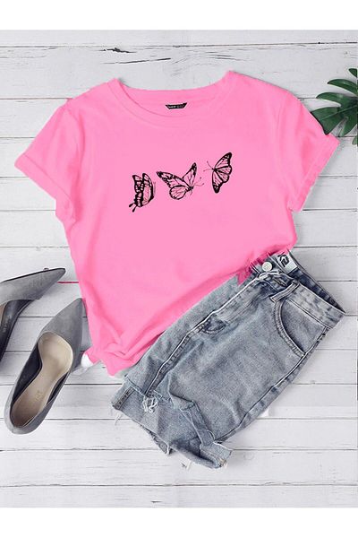DUBU BUTİK Μπλουζάκι με μονό ζέρσεϊ Flying Butterflies - Μπλουζάκι με κοντό μανίκι με ροζ στάμπα oversize με λαιμόκοψη