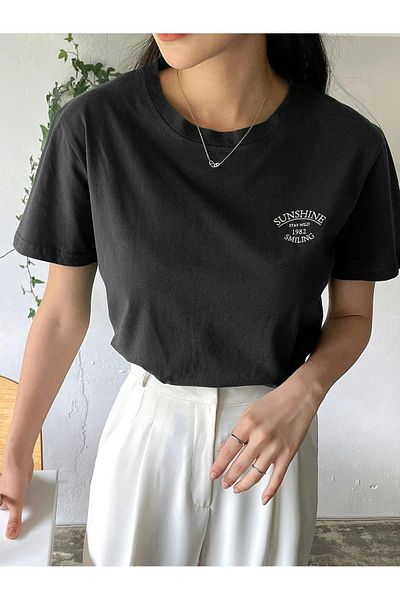 DUBU BUTİK Sunshine 1982 Single Jersey T-Shirt - Black Printed Oversize Crew Neck Short Sleeve T-Shirt