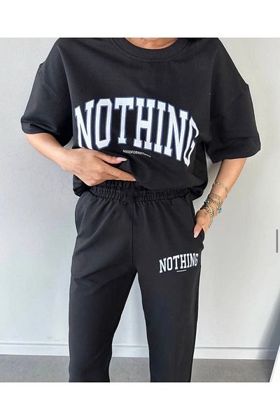 CLAYES Nothing T-shirt Sweatpants Jogger- Μαύρη στάμπα στο κάτω μέρος Κορυφή αθλητική φόρμα Oversize Crew Neck