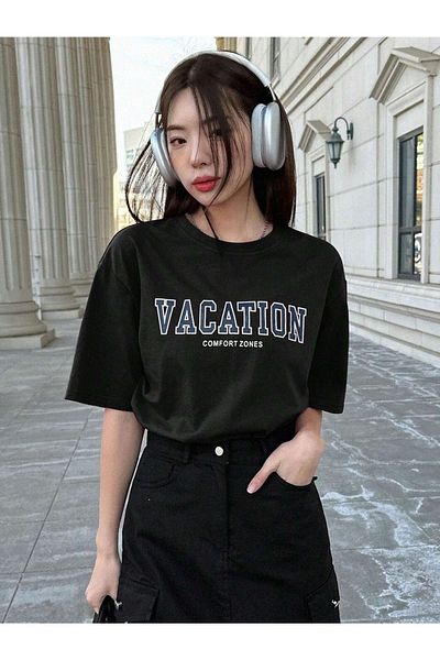VBSVİBES Unisex Black Oversize Vacation Printed Knitted T-shirt
