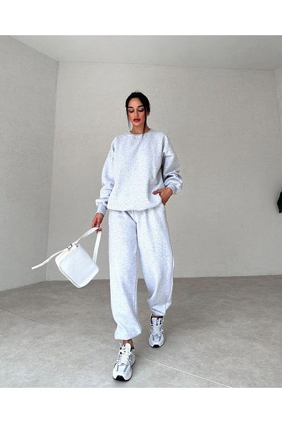 CLAYES Basic Plain Tracksuit Set Sweatshirt Jogger - Gray Oversize Raised Crew Neck