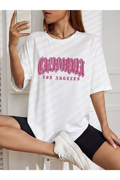 CLAYES Tricou alb cu imprimeu supradimensionat California Letter - decolteu, mânecă scurtă
