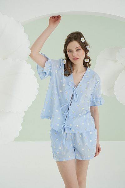 NBB Blue Daisy Shorts Front Tie Pajama Set