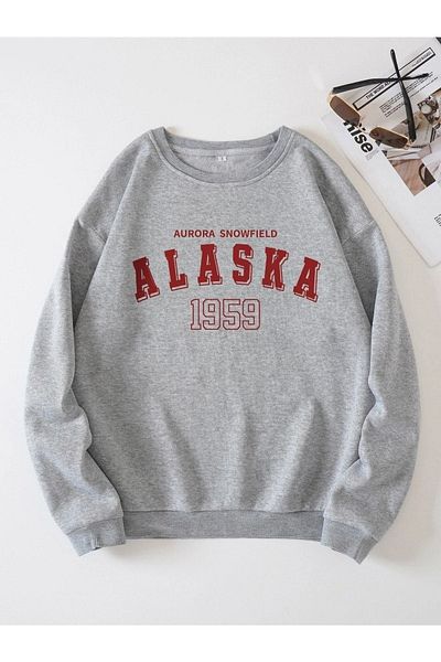 VBSVİBES Hanorac unisex gri oversize Alaska 1959 cu imprimeu cu decolteu triplu