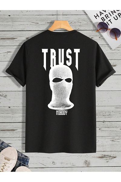 CLAYES Trust Mast Single Jersey T-Shirt - Black Printed Oversize Crew Neck Short Sleeve T-Shirt