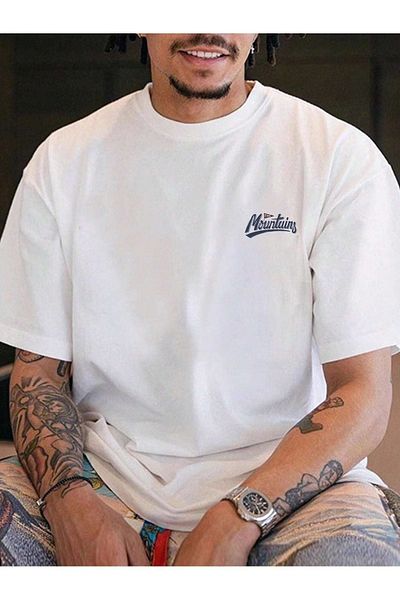 VBSVİBES Πλεκτό μπλουζάκι Unisex White Oversize Mountains με στάμπα