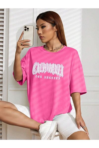 CLAYES Μπλουζάκι με ροζ εμπριμέ California Letter Oversize - Crew Neck, κοντό μανίκι
