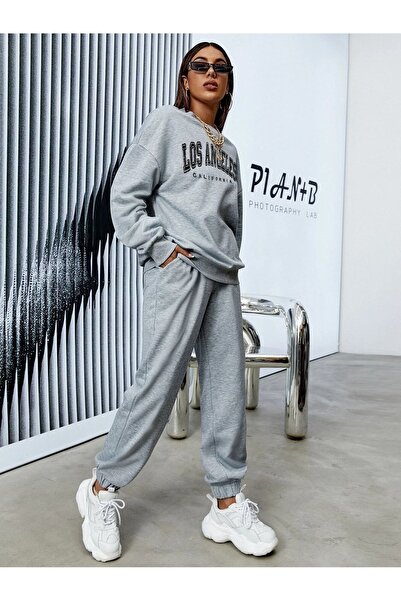 CLAYES Σετ φόρμας Los Angeles Sweatshirt Jogger - Γκρι εμπριμέ Oversize Crew Neck
