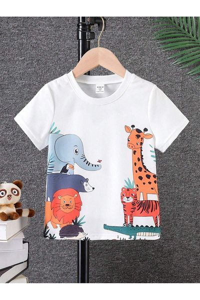 DUBU BUTİK Animals Cotton Παιδικό T-Shirt- Λευκό εμπριμέ για κορίτσια για αγόρια καλοκαιρινό T-shirt με λαιμόκοψη