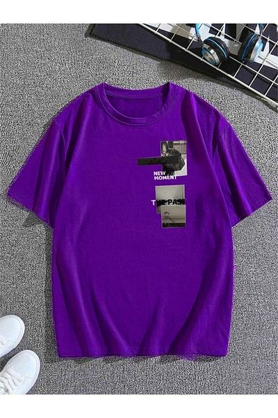 CLAYES Μωβ εμπριμέ New Moment Oversize T-Shirt - Crew Neck, κοντό μανίκι