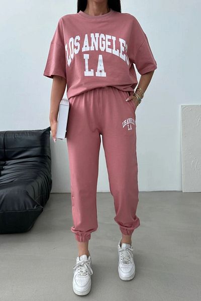CLAYES Los Angeles T-shirt Sweatpants Jogger- Σετ φόρμας με ροζ εμπριμέ στο κάτω μέρος Oversize Crew Neck